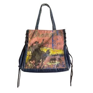 Yak Pak Wrangler Denim Tote Bag Western Cowboy Rodeo Lace Up Jean Shoulder Purse